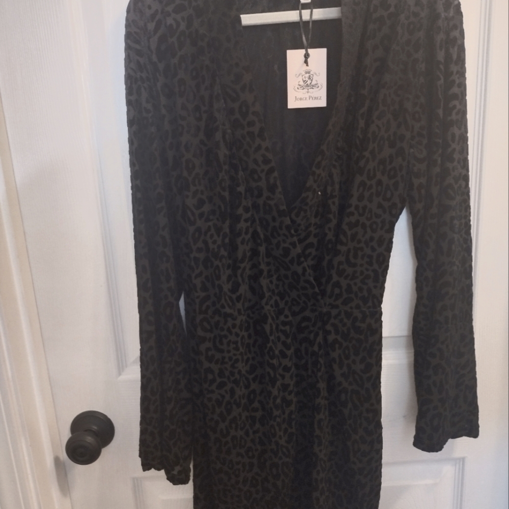 Jorge Perez XL Marella black burnout velvet leopard wrap jacket/robe/coverup